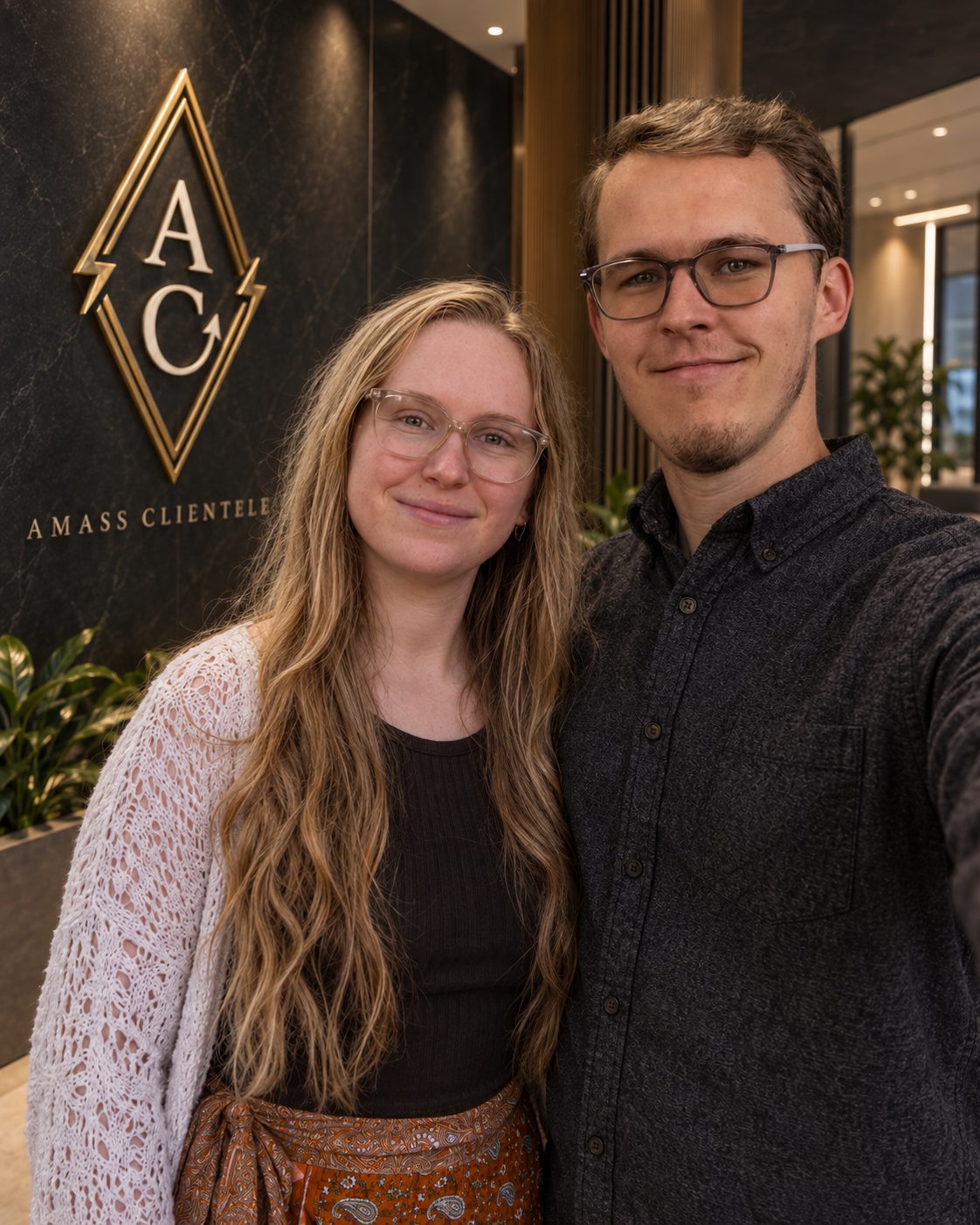 Carson Livingston and Autumn Anderson in front of the Amass Clientele mark
